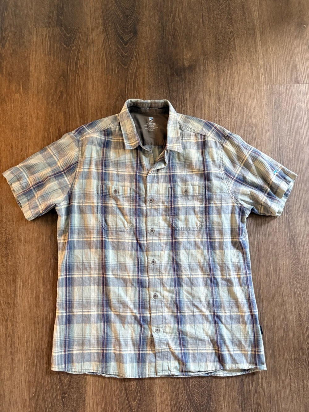 KUHL Skorpio Blue Green Plaid Short Sleeve Linen Blend Hiking Shirt Large UPF 15